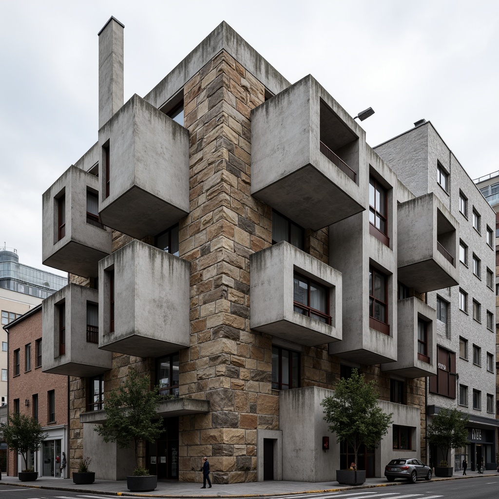 Prompt: Rugged brutalist building, rough-hewn concrete walls, weathered stone fa\u00e7ade, geometric patterns, fortress-like structure, dramatic cantilevered sections, industrial metal accents, raw unfinished surfaces, bold monumental scale, urban cityscape background, overcast sky, diffused natural light, high-contrast shadows, 1/2 composition, low-angle shot, gritty realistic textures, ambient occlusion.