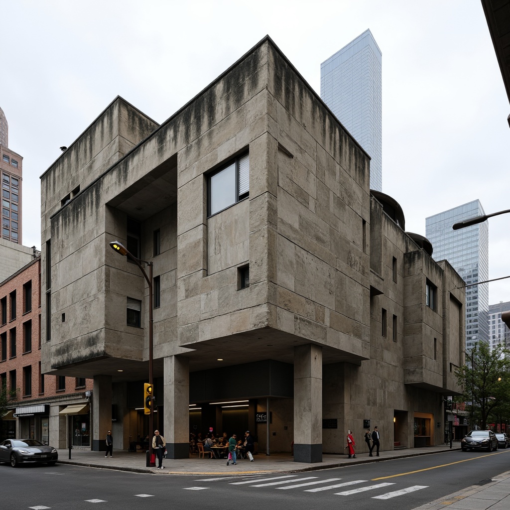 Prompt: Rugged brutalist building, rough-hewn concrete walls, weathered stone fa\u00e7ade, geometric patterns, fortress-like structure, dramatic cantilevered sections, industrial metal accents, raw unfinished surfaces, bold monumental scale, urban cityscape background, overcast sky, diffused natural light, high-contrast shadows, 1/2 composition, low-angle shot, gritty realistic textures, ambient occlusion.