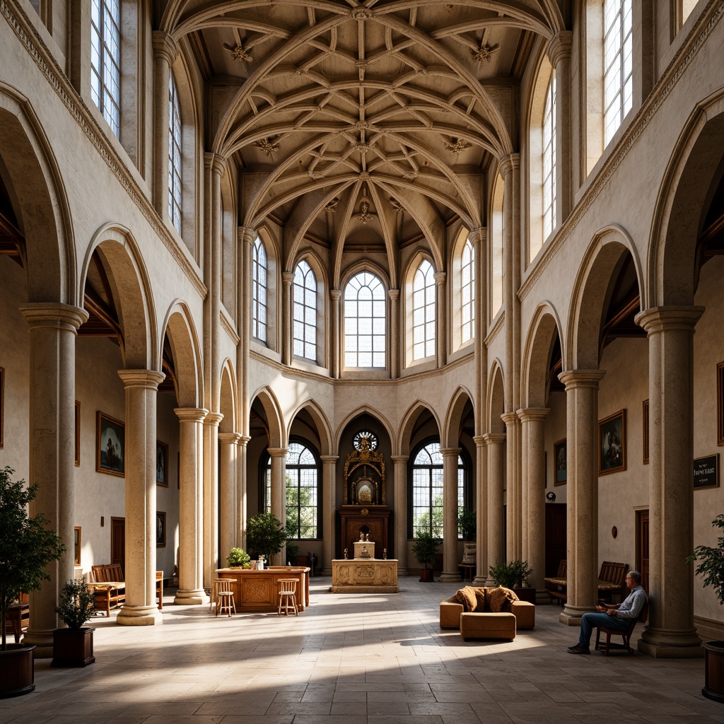 Prompt: Grand Romanesque cathedral, ornate stone carvings, stained glass windows, high ceilings, clerestory lighting, arched doorways, rustic wooden doors, intricate frescoes, vaulted roofs, natural stone flooring, warm beige tones, soft diffused light, indirect sunlight, 1/1 composition, symmetrical framing, subtle shadows, ambient occlusion, realistic textures.