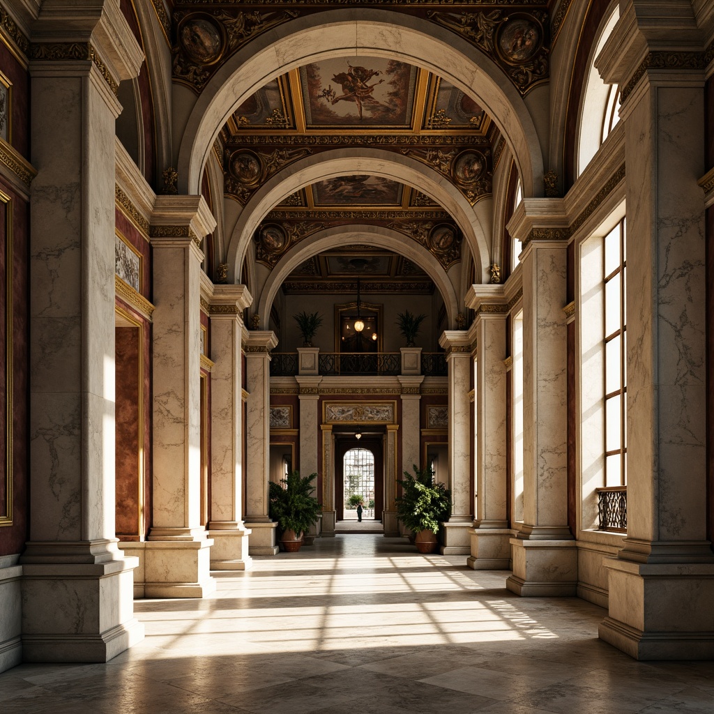 Prompt: Grandiose palaces, ornate facades, classical columns, carved stone decorations, intricate moldings, gilded accents, ornamental balconies, arched windows, rusticated bases, sculpted figurines, frescoed ceilings, marble floors, symmetrical compositions, dramatic lighting, warm color palette, rich textures, subtle shadows, 3/4 perspective, realistic renderings.