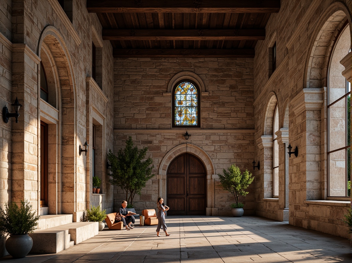 Prompt: Rustic stone walls, weathered brick facades, ornate carvings, grand archways, ribbed vaults, stained glass windows, heavy wooden doors, intricate ironwork, ornamental capitals, rough-hewn granite columns, earthy tone color palette, natural light filtering, warm ambient lighting, shallow depth of field, 2/3 composition, symmetrical framing, realistic textures, subtle atmospheric effects.