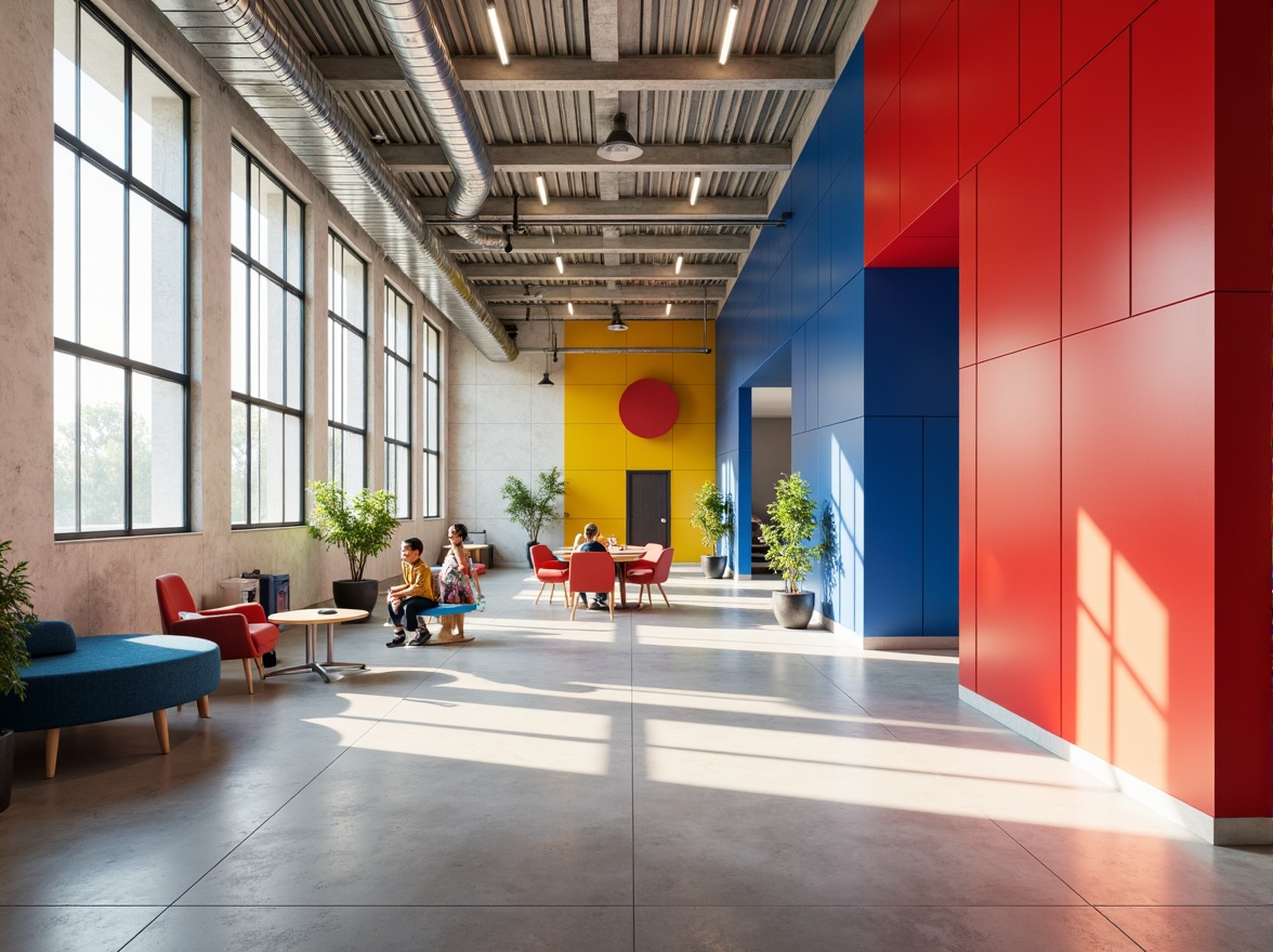 Prompt: Vibrant constructivist school, bold geometric shapes, primary color scheme, bright red accents, deep blue tones, yellow highlights, white concrete walls, industrial metal beams, exposed ductwork, minimalist furniture, functional design, open floor plans, collaborative learning spaces, natural light pouring in, softbox lighting, shallow depth of field, 1/1 composition, realistic textures, ambient occlusion.