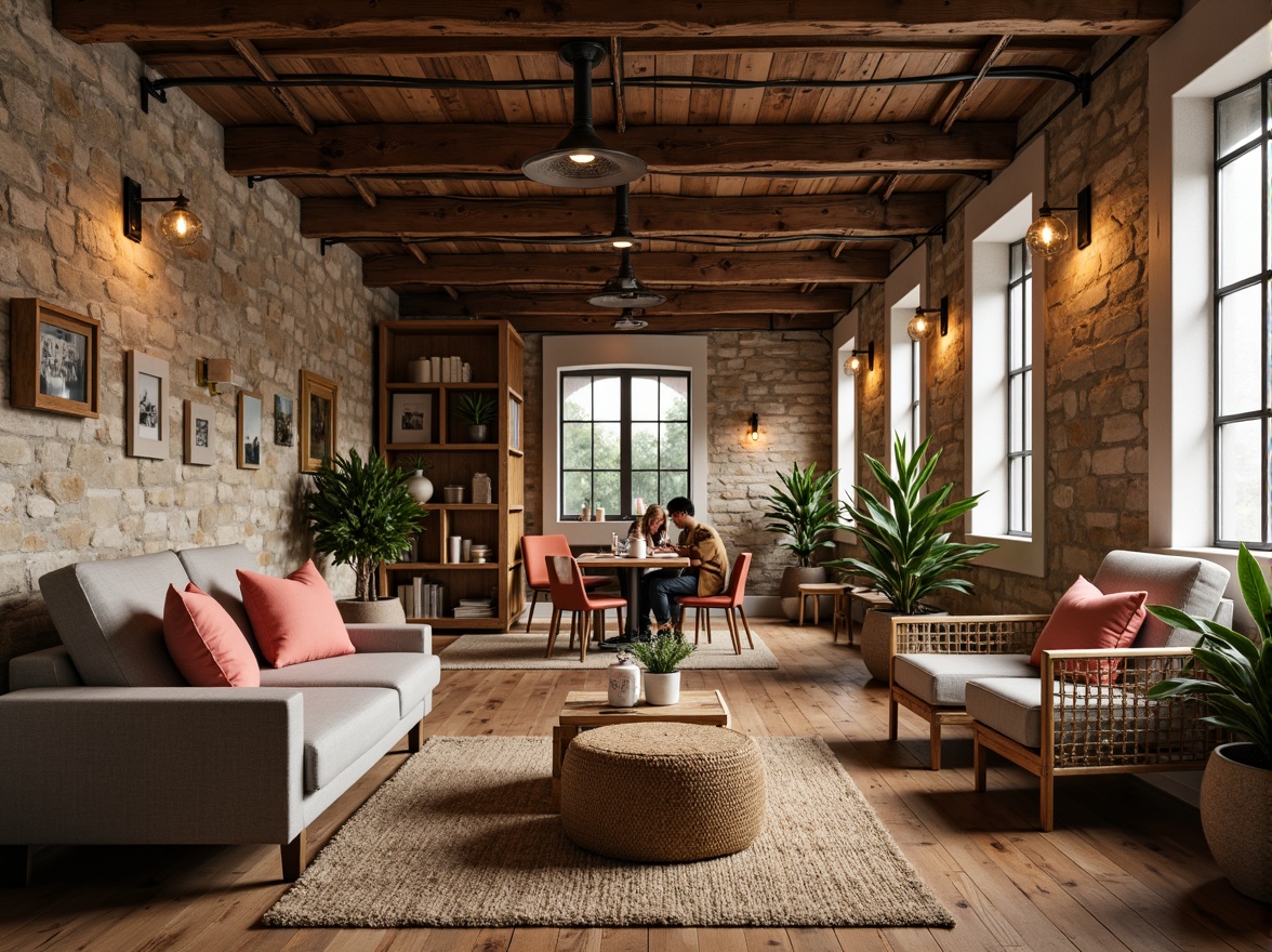 Prompt: Cozy hostel lounge, reclaimed wood accents, natural stone walls, earthy tone color palette, woven rattan furniture, jute rug, potted plants, wooden floorboards, minimalist decor, industrial metal beams, exposed brick walls, warm soft lighting, shallow depth of field, 1/1 composition, intimate atmosphere, organic textures, ambient occlusion.