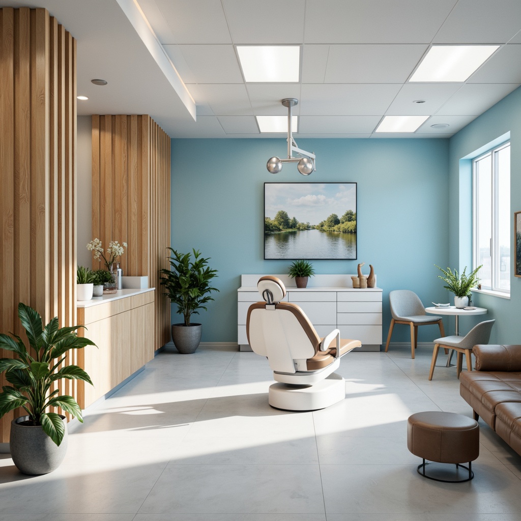 Prompt: Calming dental clinic, soothing blue tones, creamy whites, warm beige accents, natural wood textures, gentle lighting, soft shadows, serene atmosphere, comfortable waiting areas, modern dental equipment, sleek metal surfaces, minimalist decor, calming nature-inspired artwork, peaceful ambient sounds, shallow depth of field, 1/1 composition, realistic renderings, subtle color gradations.