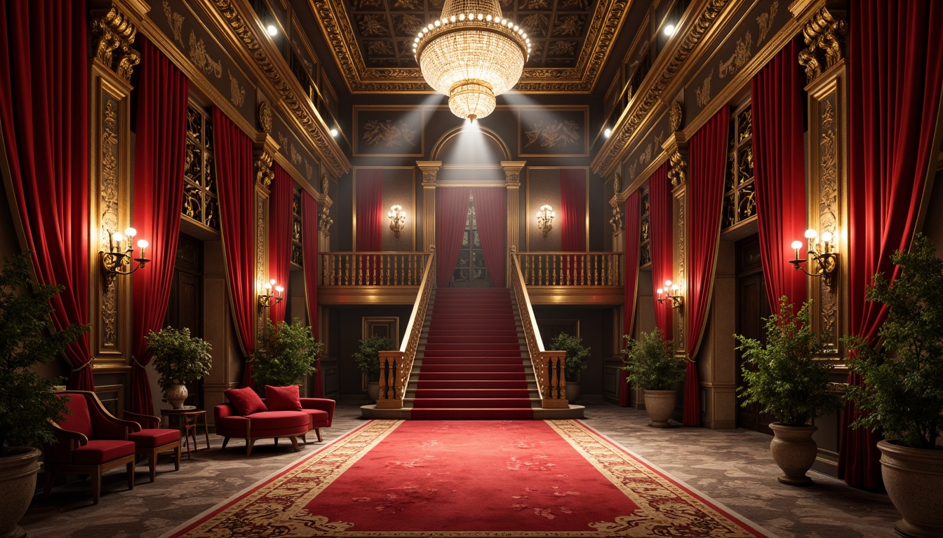 Prompt: Rich velvet curtains, ornate golden frames, lavish chandeliers, grand staircase, opulent red carpet, intricate moldings, Baroque-inspired architecture, dramatic spotlights, warm ambient lighting, shallow depth of field, 1/2 composition, realistic textures, ambient occlusion, luxurious fabrics, regal color palette, Renaissance-era motifs, ornamental details, majestic high ceilings, grandiose scale, symmetrical layout.