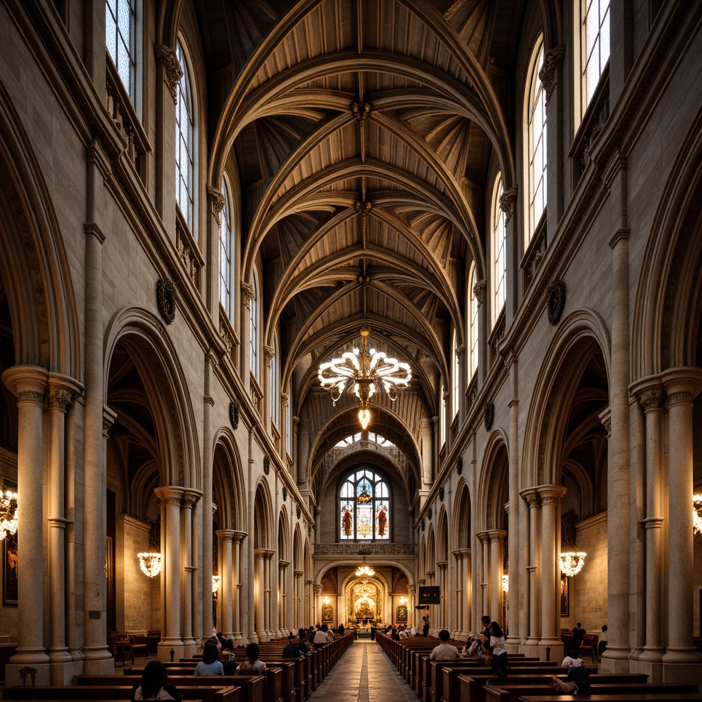 Prompt: Intricate stone carvings, ornate flying buttresses, grand cathedral architecture, ribbed vaulted ceilings, stained glass windows, dramatic verticality, soaring heights, majestic pillars, ornamental tracery, mystical ambiance, warm golden lighting, soft diffused shadows, 3/4 composition, symmetrical framing, realistic textures, ambient occlusion.