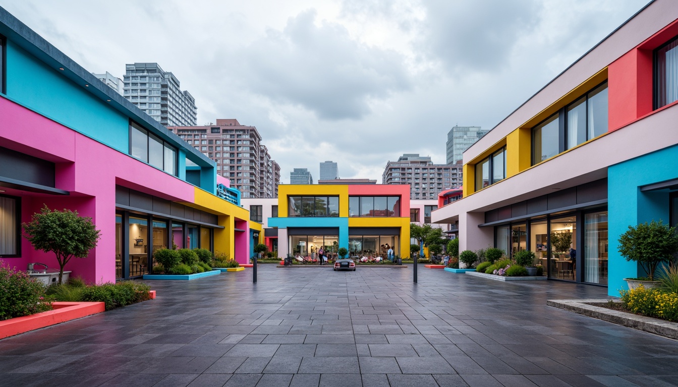 Prompt: Vibrant modernist architecture, bold geometric shapes, monochromatic color scheme, pastel hues, neon accents, metallic finishes, sleek glass surfaces, minimalist decor, industrial materials, urban cityscape, cloudy grey sky, dramatic shadows, high contrast lighting, 1/1 composition, symmetrical framing, abstract textures, atmospheric perspective.