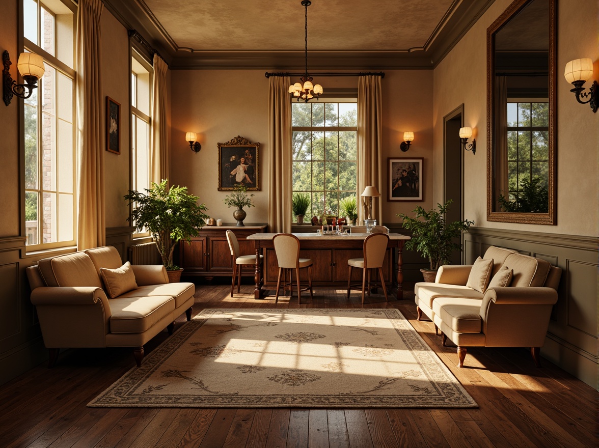 Prompt: Warm beige walls, soft velvet sofas, distressed wood flooring, ornate metal fixtures, vintage pendant lamps, plush area rugs, rich walnut cabinetry, creamy marble countertops, delicate lace curtains, antique furniture pieces, rustic brick accents, warm golden lighting, shallow depth of field, 1/1 composition, intimate atmosphere, realistic textures, ambient occlusion.