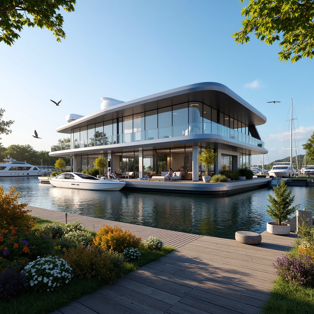 Prompt: Luxurious boathouse, sleek metallic exterior, floor-to-ceiling glass windows, modern minimalist design, high-tech gadgets, futuristic LED lighting, surrounding waterbody, lush greenery, vibrant flowers, wooden dock, sailboats, yachts, seagulls flying overhead, clear blue sky, warm sunny day, shallow depth of field, 3/4 composition, panoramic view, realistic textures, ambient occlusion.