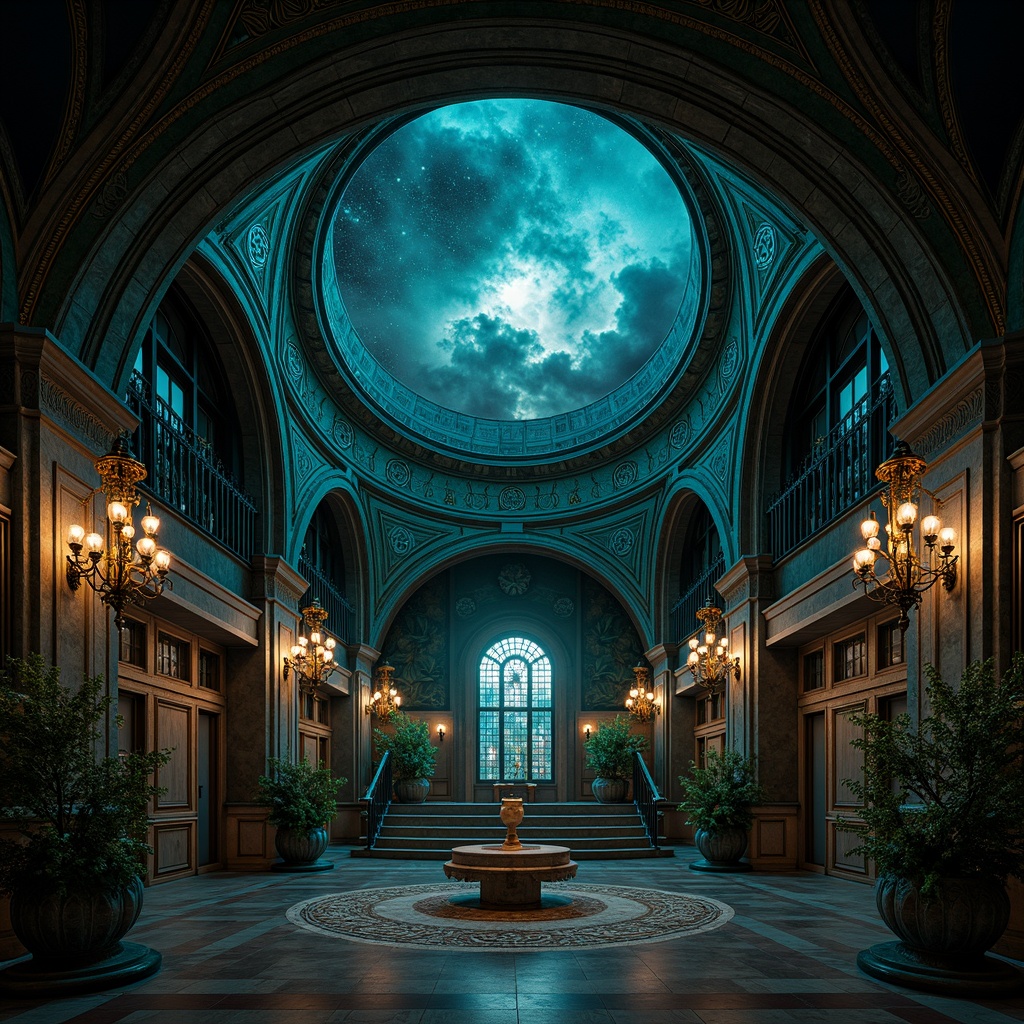 Prompt: Dark mysterious planetarium, gothic arches, celestial bodies, starry night sky, rich jewel-toned colors, emerald green, sapphire blue, amethyst purple, gold accents, intricate stone carvings, ornate metalwork, stained glass windows, grandiose chandeliers, mystical ambiance, soft ethereal lighting, dramatic shadows, 1/1 composition, symmetrical framing, high contrast ratio, cinematic atmosphere.