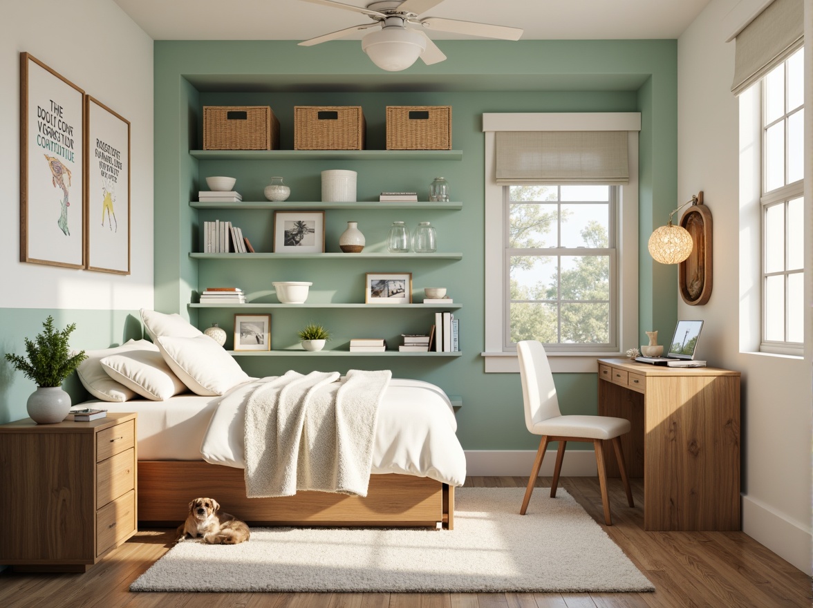 Prompt: Cozy dorm room, soft warm lighting, calming color scheme, pastel hues, creamy whites, gentle blues, soothing greens, natural wood tones, plush carpets, comfortable bedding, modern minimalist furniture, functional storage units, inspirational quotes, framed artwork, relaxed atmosphere, shallow depth of field, 1/1 composition, realistic textures.