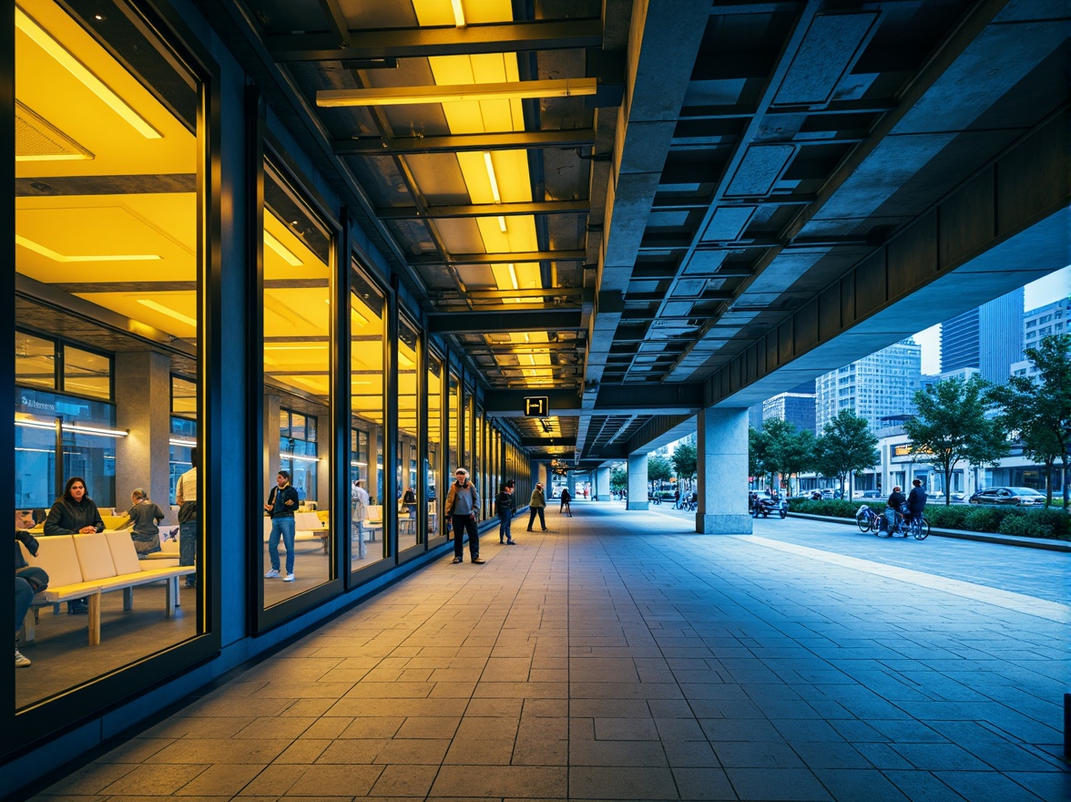 Prompt: Vibrant bus station, urban landscape, modern architecture, bold color scheme, bright yellow accents, deep blue tones, neutral gray backgrounds, sleek metal frames, glass roofs, natural stone floors, dynamic LED lighting, futuristic ambiance, high-contrast visuals, 3/4 composition, shallow depth of field, panoramic view, realistic textures, ambient occlusion.