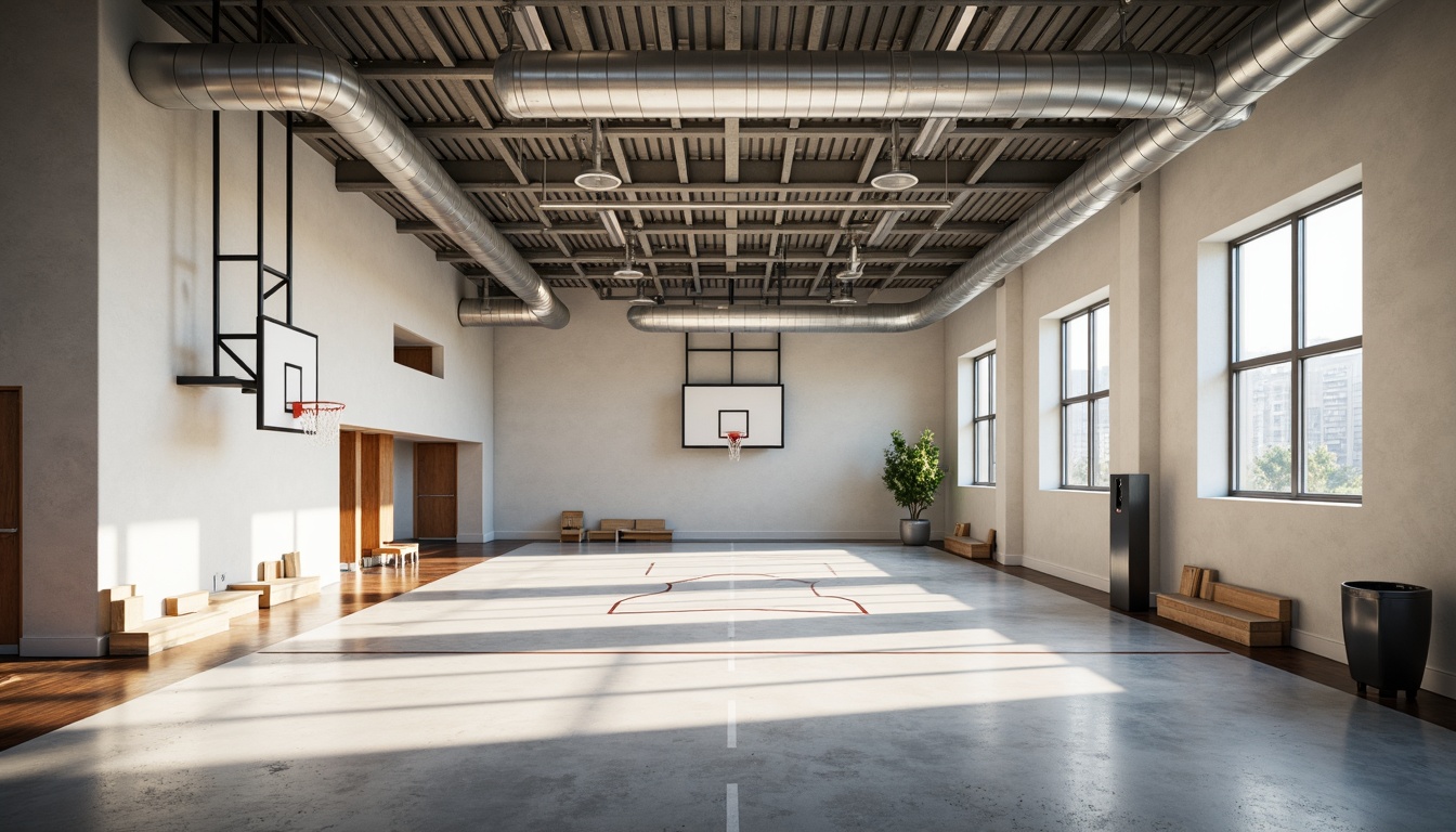 Prompt: Minimalist gymnasium interior, open spaces, natural light, industrial materials, exposed ductwork, polished concrete floors, steel beams, geometric shapes, functional furniture, athletic equipment, basketball hoops, sports mats, wooden accents, modernist architecture, clean lines, rectangular forms, abundant daylight, soft shadows, 1/1 composition, realistic textures, ambient occlusion.