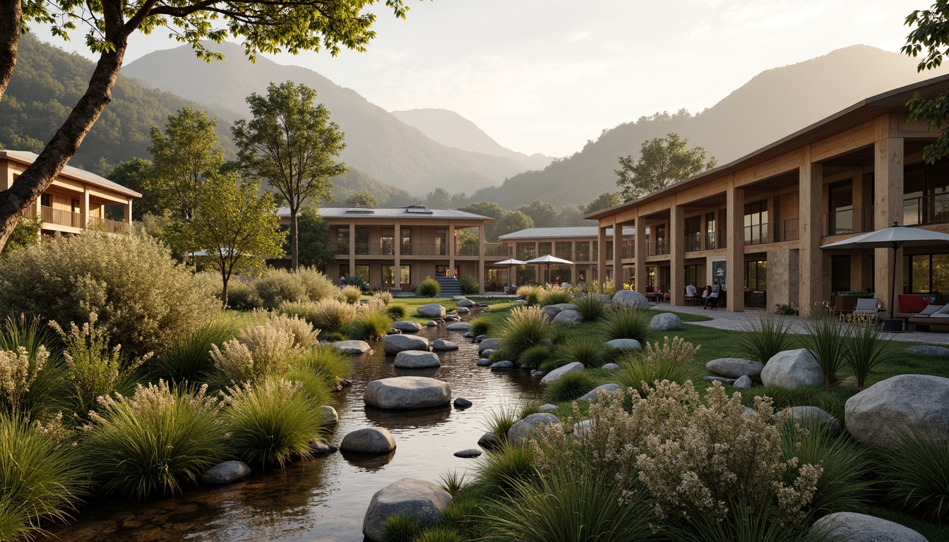 Prompt: Rustic regionalist venue, earthy tones, natural stone walls, wooden accents, lush greenery, blooming wildflowers, meandering streams, serene lakeside, rolling hills, misty mountains, warm golden lighting, soft focus, shallow depth of field, 2/3 composition, panoramic view, realistic textures, ambient occlusion, organic architecture, curved lines, earth-sheltered design, eco-friendly materials, sustainable energy solutions, solar panels, wind turbines, water conservation systems, green roofs, innovative cooling technologies.