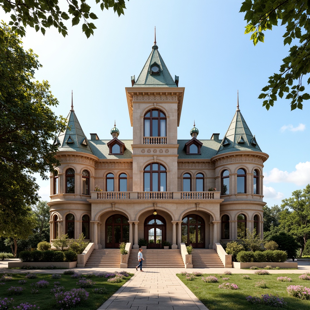 Prompt: Grand courthouse building, romanticism style facade, ornate stone carvings, intricate moldings, grandiose entrance, sweeping staircases, majestic columns, rusticated base, arched windows, stained glass details, gothic-inspired spires, weathered copper roofing, lush greenery, blooming flowers, sunny day, soft warm lighting, shallow depth of field, 3/4 composition, panoramic view, realistic textures, ambient occlusion.