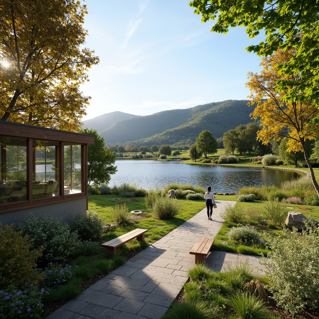 Prompt: Harmonious landscape integration, rolling hills, lush greenery, serene lakeside, walking trails, wooden benches, natural stone pathways, modern architecture, large windows, glass doors, blooming flowers, sunny day, soft warm lighting, shallow depth of field, 3/4 composition, panoramic view, realistic textures, ambient occlusion.