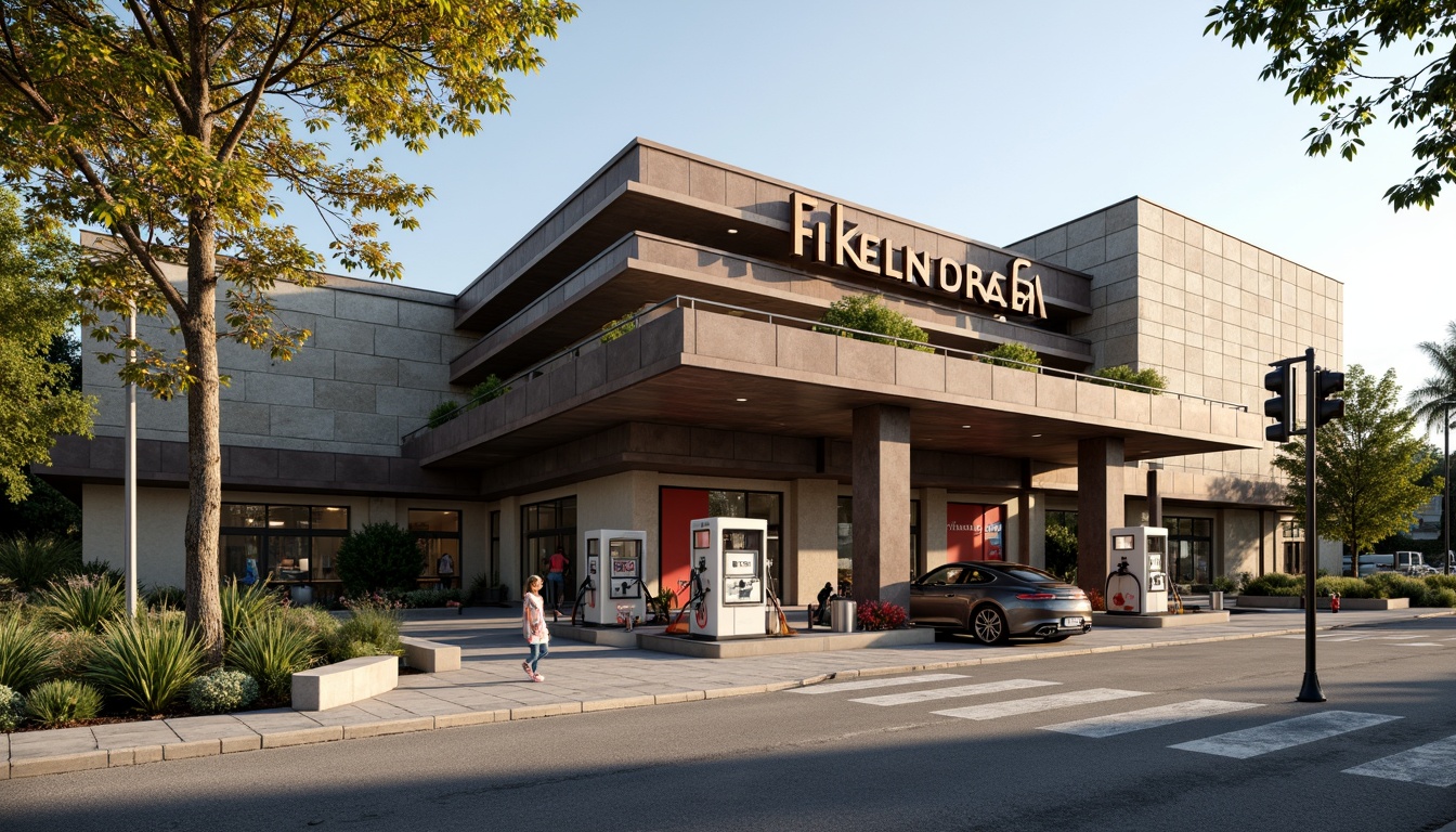 Prompt: Rustic gas station, industrial pipes, functionalist architecture, bold typography, primary color scheme, geometric shapes, minimalist design, natural stone walls, steel beams, large windows, cantilevered canopies, angular lines, modernist landscaping, native plants, gravel pathways, urban context, busy streets, morning sunlight, high contrast lighting, shallow depth of field, 2/3 composition, realistic textures, ambient occlusion.