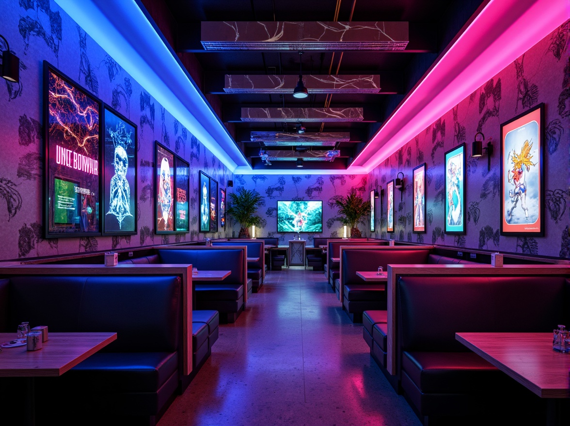 Prompt: Neon-lit pub interior, futuristic color palette, vibrant hues, electric blue accents, neon pink highlights, metallic silver tones, glossy black surfaces, holographic displays, cyberpunk-inspired decor, retro-futuristic ambiance, dimly lit atmosphere, moody lighting, 3/4 composition, shallow depth of field, cinematic rendering, realistic reflections, ambient occlusion.