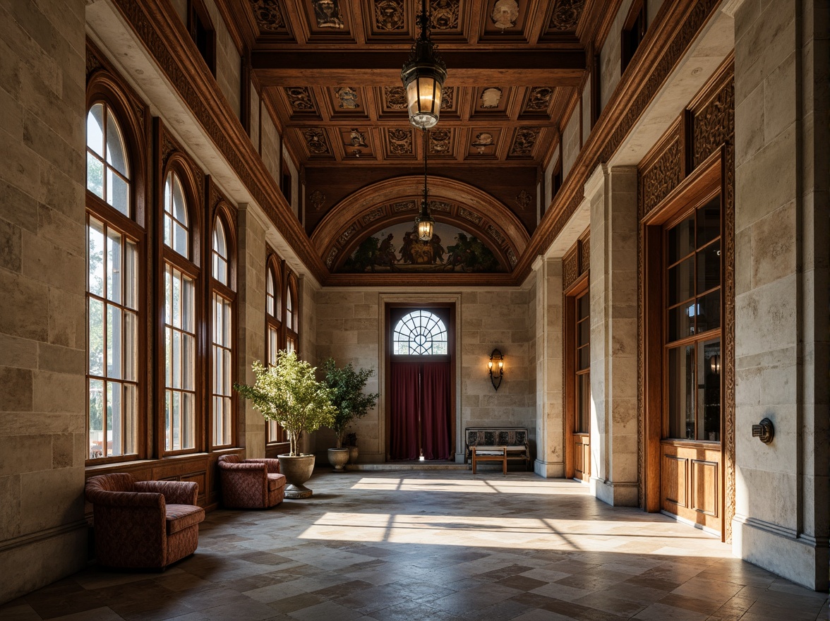 Prompt: Weathered stone walls, ornate carvings, rustic wooden doors, grandiose archways, vaulted ceilings, stained glass windows, intricate frescoes, ornamental columns, polished marble floors, velvet drapes, golden accents, subtle lighting, warm color palette, soft shadows, 1/1 composition, symmetrical framing, realistic textures, ambient occlusion.