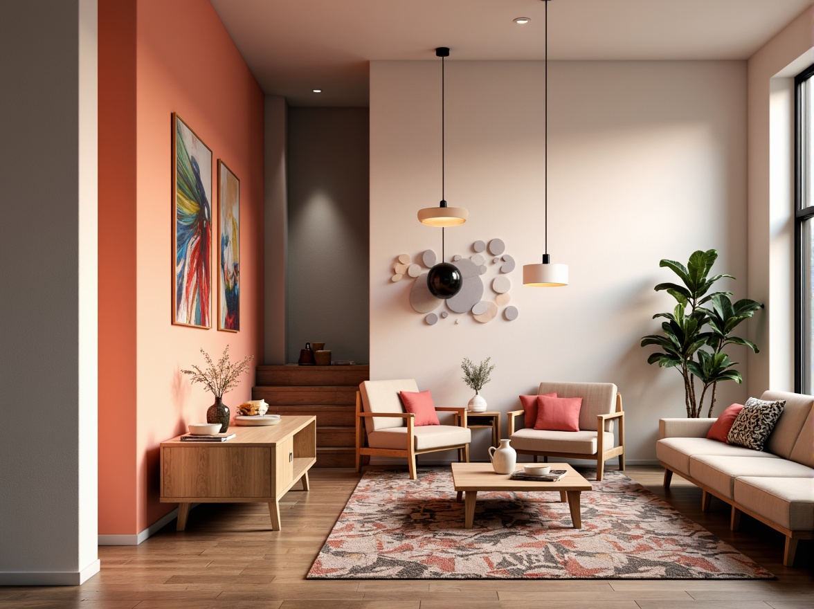 Prompt: Vibrant modern interior, bold color blocking, pastel hues, soft peach tones, rich charcoal accents, metallic silver highlights, natural wood textures, sleek minimalist furniture, geometric patterned rugs, abstract artwork, warm ambient lighting, shallow depth of field, 1/1 composition, realistic renderings, subtle gradient effects.