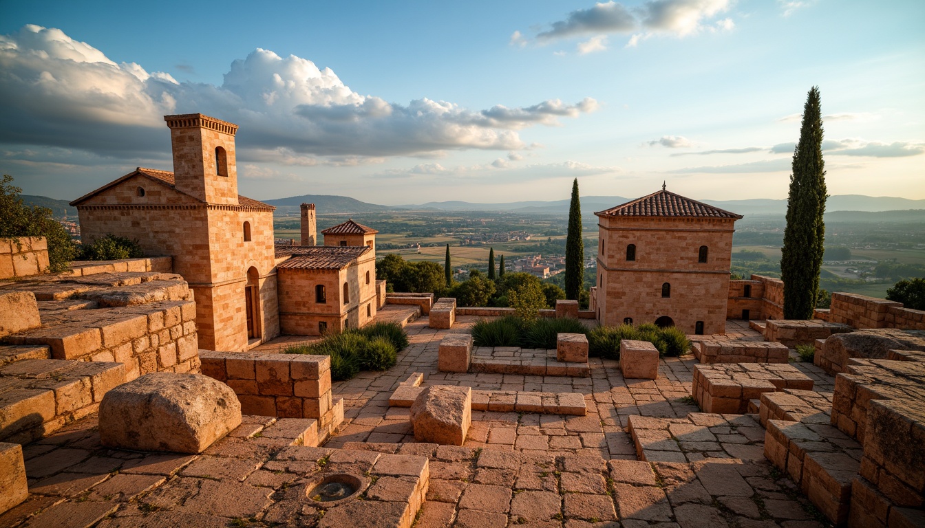 Prompt: Warm terracotta hues, earthy sienna tones, rustic stone textures, ancient monument structures, Tuscan landscape, rolling hills, cypress trees, blue sky with puffy clouds, soft warm lighting, shallow depth of field, 3/4 composition, panoramic view, realistic rock formations, ambient occlusion.