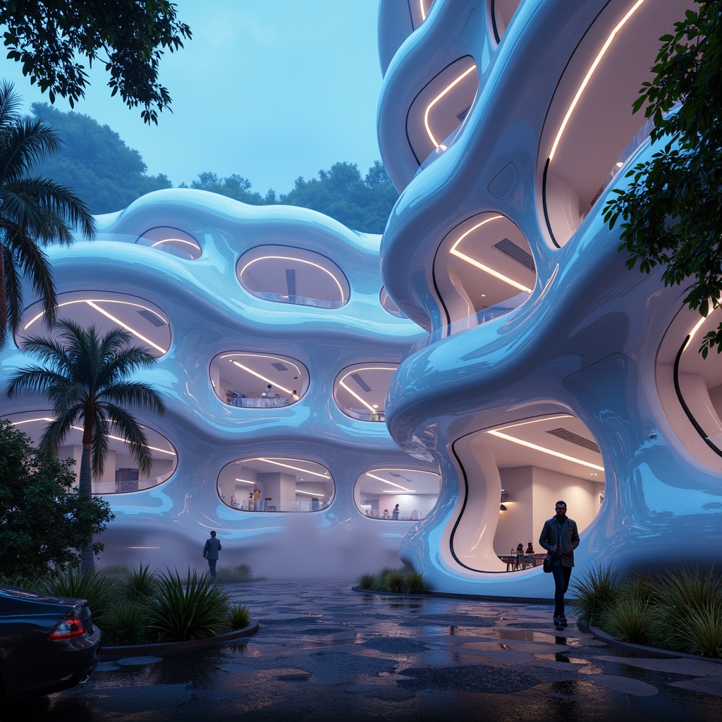 Prompt: Curved, amoeba-like buildings, iridescent colors, translucent membranes, undulating walls, fluidic shapes, futuristic architecture, bioluminescent accents, misty atmosphere, soft focus, shallow depth of field, 1/2 composition, wide-angle lens, dreamy lighting, ethereal ambiance, organic textures, subtle animations, surreal landscape, eerie soundscape.