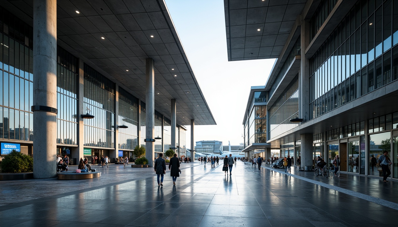 Prompt: Aerodynamic airport terminal, cantilevered roofs, angular steel beams, glass curtain walls, minimalist interior design, industrial chic aesthetic, exposed ductwork, polished concrete floors, modernist architecture, asymmetrical facades, dynamic lighting systems, LED signage, futuristic ambiance, bustling atmosphere, morning sunlight, shallow depth of field, 1/2 composition, realistic reflections, ambient occlusion.