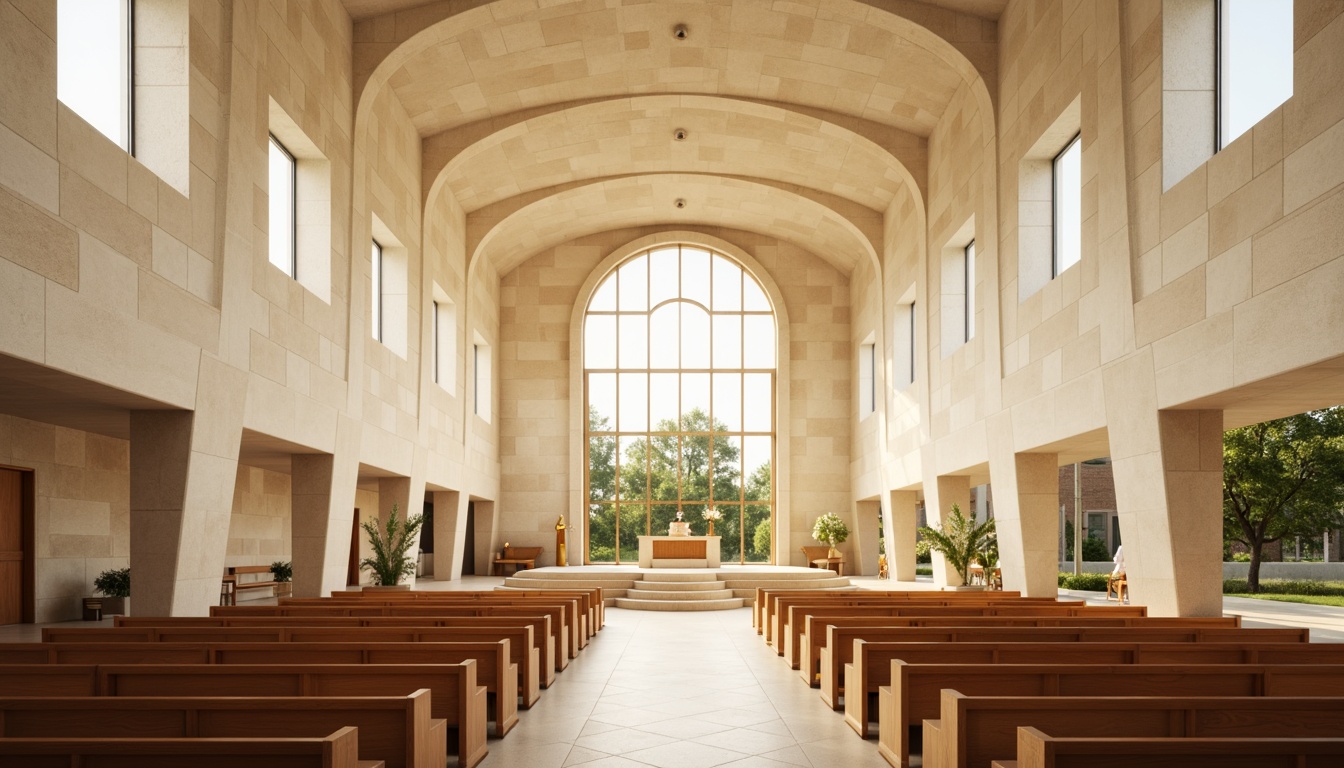 Prompt: Sleek modern church, curved lines, minimalist architecture, cream-colored stone walls, large stained glass windows, subtle natural light, warm beige interior, polished wooden pews, simple altar design, soft golden lighting, shallow depth of field, 1/1 composition, realistic textures, ambient occlusion, calming atmosphere, serene ambiance, gentle color palette, soothing earth tones, muted pastel hues.