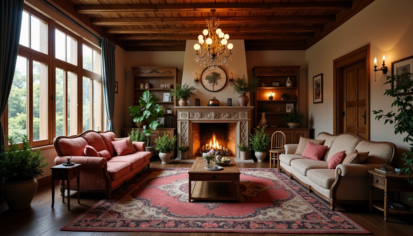 Prompt: Cozy living room, warm candlelight, rich velvet fabrics, ornate wooden furniture, intricate carvings, soft pastel colors, elegant chandeliers, plush area rugs, comfortable sofas, vintage decorative items, antique vases, fresh flower arrangements, large windows with drapery, natural stone fireplaces, rustic wooden beams, intimate ambiance, warm golden lighting, shallow depth of field, 1/1 composition, realistic textures, ambient occlusion.