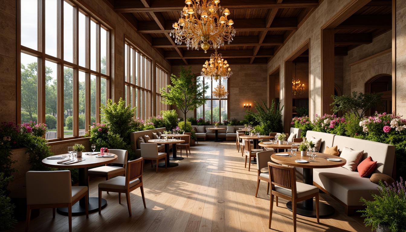 Prompt: Cozy dining hall, warm wooden flooring, elegant chandeliers, comfortable seating areas, circular tables, soft cushioned chairs, natural stone walls, large windows, abundant greenery, vibrant flower arrangements, modern minimalist decor, subtle lighting accents, shallow depth of field, 1/1 composition, realistic textures, ambient occlusion.