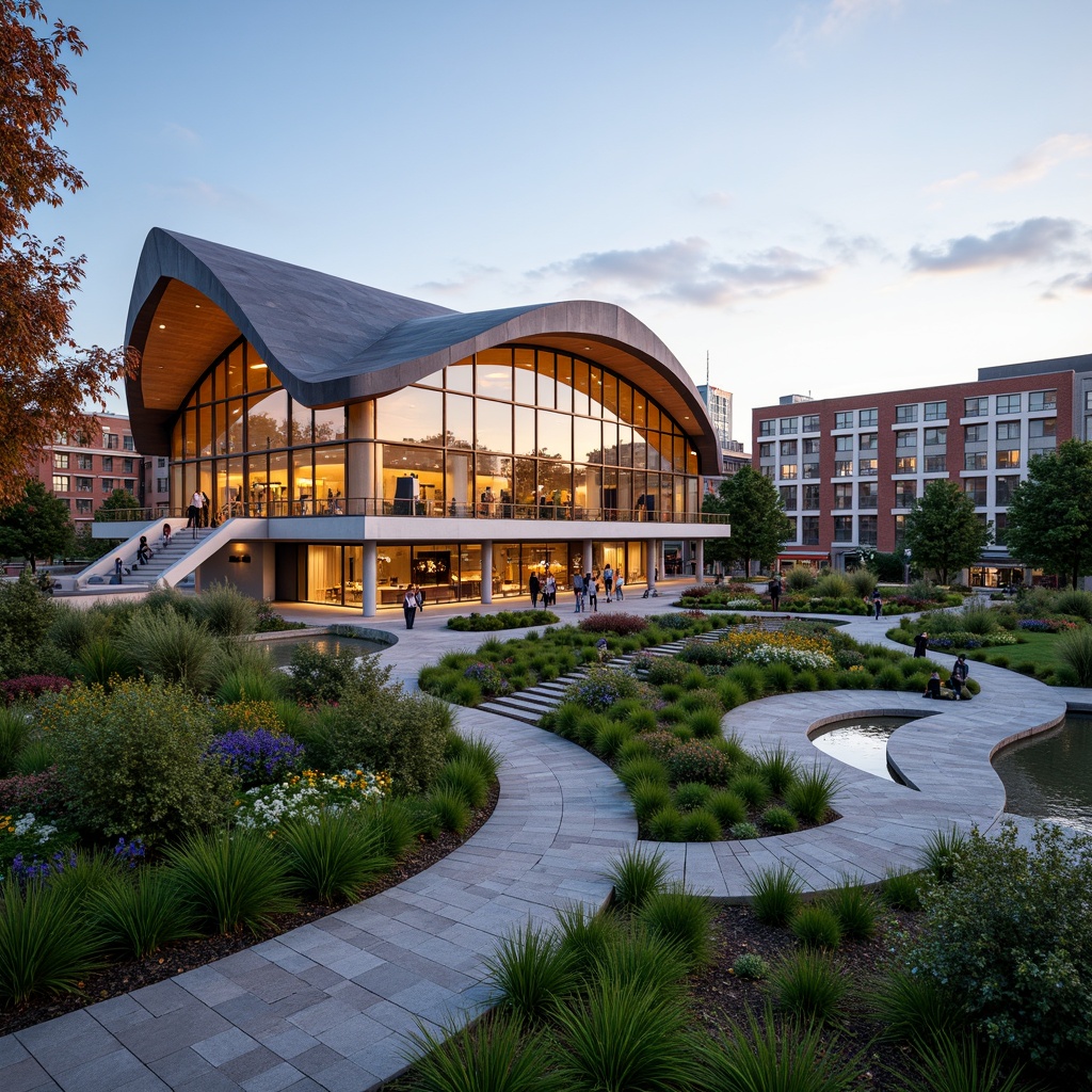 Prompt: Vibrant performing arts center, curved modern architecture, glass fa\u00e7ade, cantilevered rooflines, outdoor amphitheater, lush greenery, blooming flowers, natural stone walkways, meandering paths, scenic overlooks, tranquil water features, soft warm lighting, shallow depth of field, 3/4 composition, panoramic view, realistic textures, ambient occlusion, urban cityscape, bustling streets, eclectic neighborhood, artistic murals, street performers, lively atmosphere.