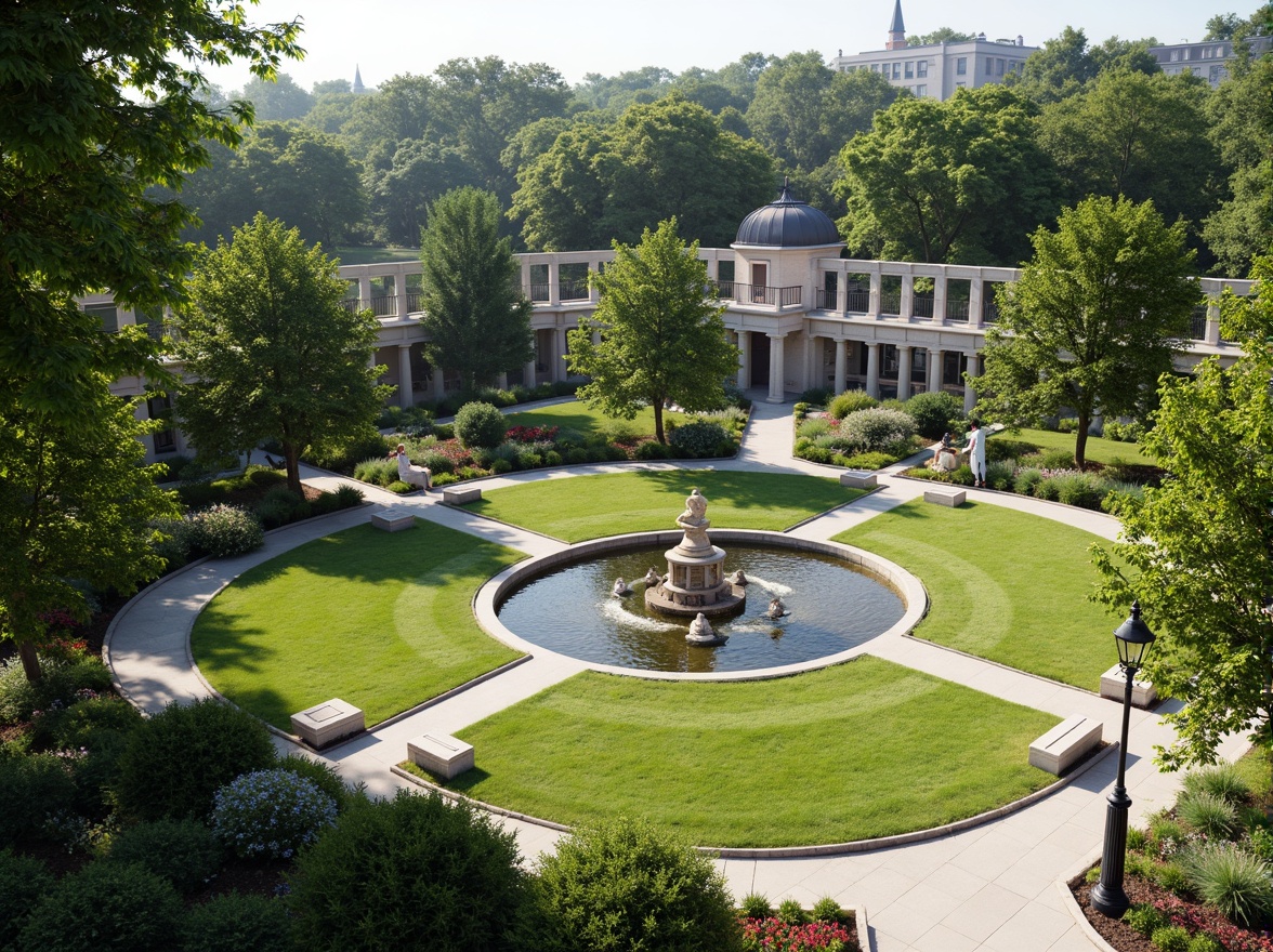 Prompt: Manicured lawns, ornate fountains, symmetrical gardens, majestic trees, walking paths, stone statues, classical columns, ornamental hedges, vibrant flower beds, tranquil ponds, serene water features, elegant street lamps, refined benches, harmonious color palette, soft natural lighting, 1/1 composition, realistic textures, ambient occlusion.