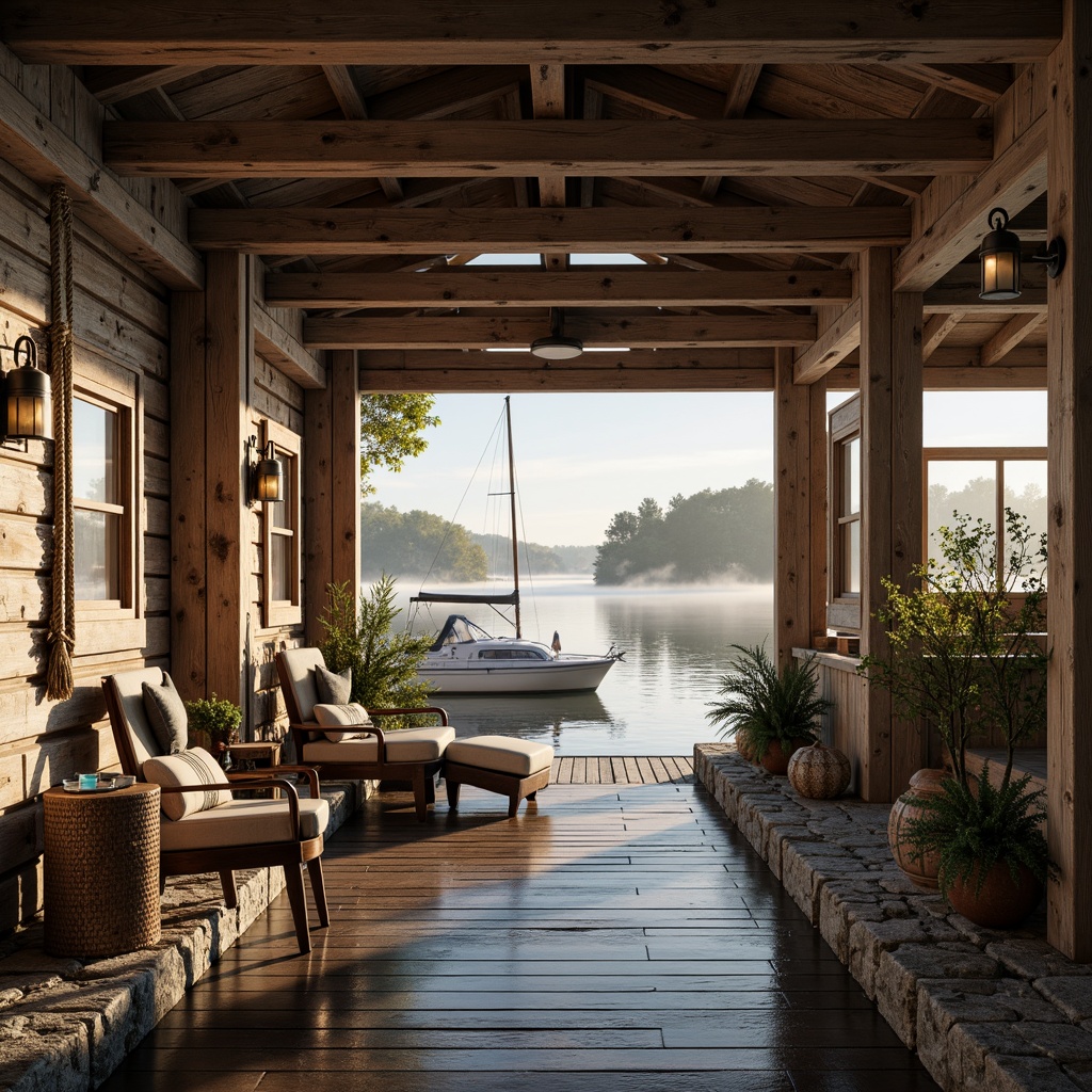 Prompt: Rustic boathouse, weathered wood accents, nautical ropes, distressed finishes, calming lake views, serene water reflections, soft misty mornings, warm golden lighting, natural stone foundations, wooden docks, sailboat-inspired decor, vintage navigation instruments, earthy brown tones, soothing blue hues, creamy whites, rich wood textures, subtle wave patterns, shallow depth of field, 1/1 composition, realistic renderings, ambient occlusion.