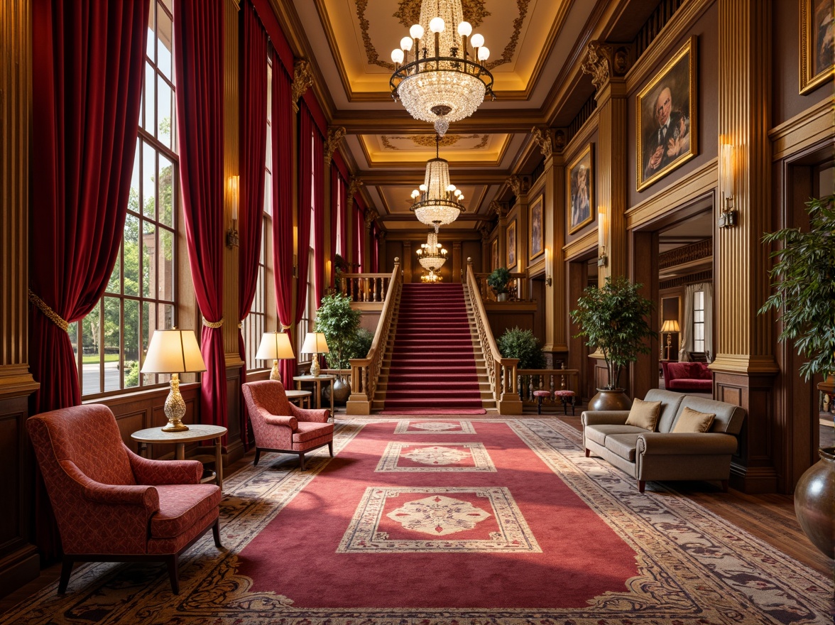 Prompt: Luxurious hotel lobby, rich velvet drapes, ornate golden frames, plush carpeting, intricately patterned rugs, majestic marble columns, crystal chandeliers, soft warm lighting, neoclassical architecture, grand staircase, elegant furnishings, sophisticated color palette, luxurious fabrics, silk upholstery, brocade accents, tufted leather sofas, refined wood tones, subtle sheen, shallow depth of field, 1/1 composition, realistic textures, ambient occlusion.