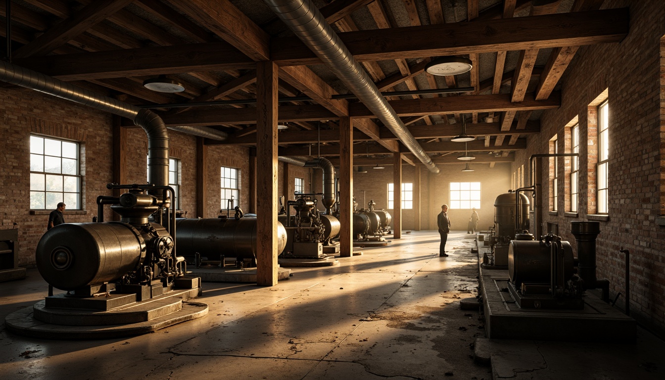 Prompt: Rustic industrial landscape, abandoned factories, distressed brick walls, metal pipes, worn concrete floors, vintage machinery, exposed ductwork, dimly lit atmosphere, warm golden lighting, shallow depth of field, 1/1 composition, realistic textures, ambient occlusion, muted color palette, earthy tones, weathered wood accents, metallic sheen, industrial-grade materials, functional design elements, utilitarian aesthetic, urban decay, post-apocalyptic ambiance.