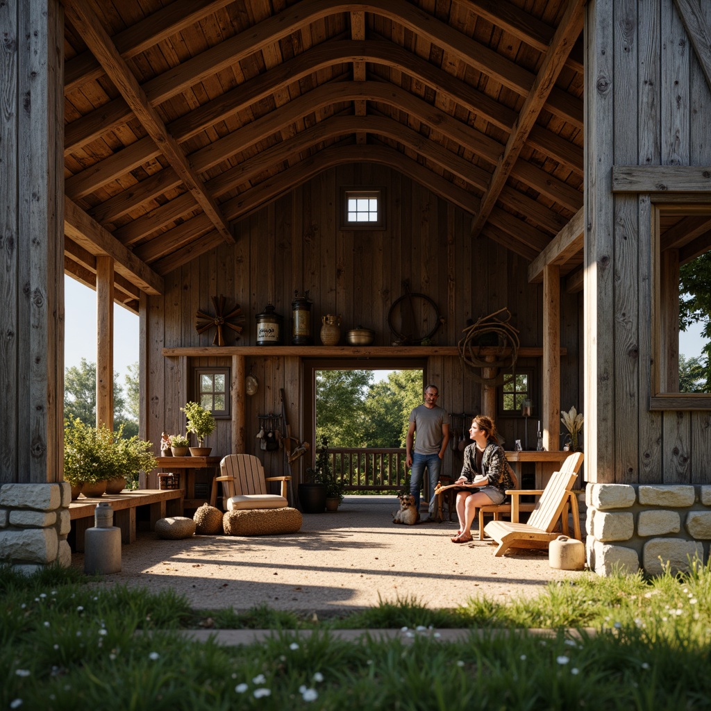 Prompt: Rustic barn, wooden beams, vintage farm tools, hayloft, natural stone walls, earthy color palette, curved rooflines, asymmetrical architecture, distressed wood textures, wildflower meadow, sunny afternoon, soft warm lighting, shallow depth of field, 1/1 composition, intimate close-up shots, realistic weathering effects, ambient occlusion.