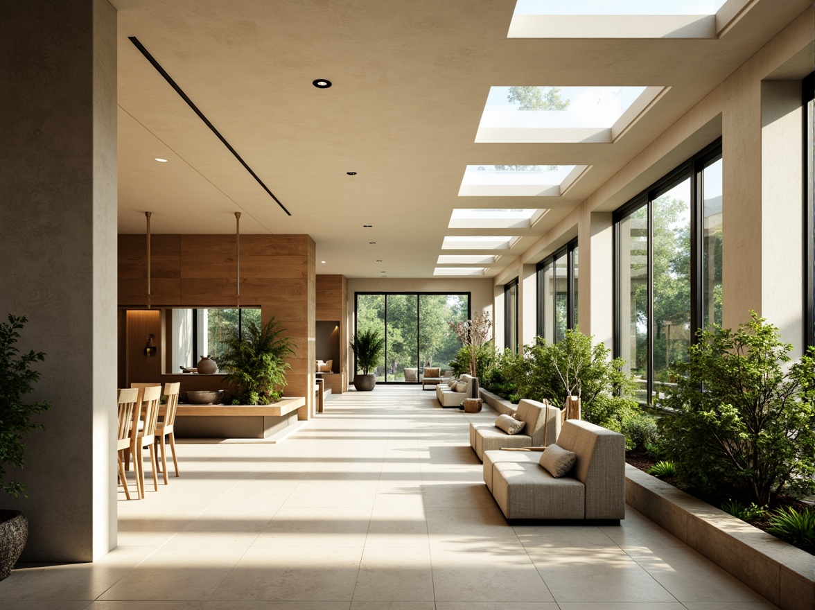 Prompt: Spacious open-plan interior, floor-to-ceiling windows, sliding glass doors, clerestory windows, skylights, reflective surfaces, minimal obstructions, airy atmosphere, natural ventilation, passive solar design, thermal mass materials, radiant flooring, green roofs, living walls, lush indoor plants, warm beige tones, soft diffused lighting, 1/1 composition, shallow depth of field, realistic textures, ambient occlusion.