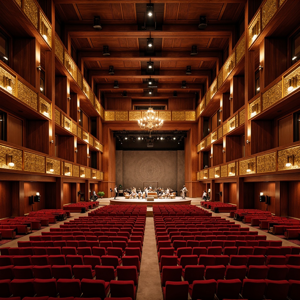 Prompt: Elegant concert hall, rich wood paneling, plush red velvet seats, ornate golden balconies, sophisticated soundproofing systems, advanced acoustic engineering, precise speaker placement, optimized reverberation times, intimate stage settings, dramatic lighting designs, warm ambient glow, subtle color temperature shifts, 1/2 composition, shallow depth of field, realistic textures, ambient occlusion.