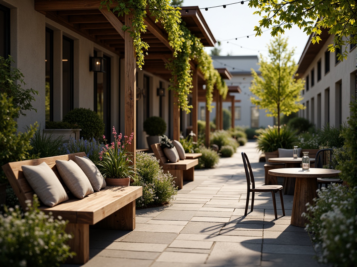 Prompt: Cozy coffee shop patio, rustic wooden benches, plush cushions, natural stone flooring, lush greenery, vibrant flowers, modern metal tables, minimalist chairs, warm string lighting, soft ambient glow, shallow depth of field, 3/4 composition, panoramic view, realistic textures, ambient occlusion.