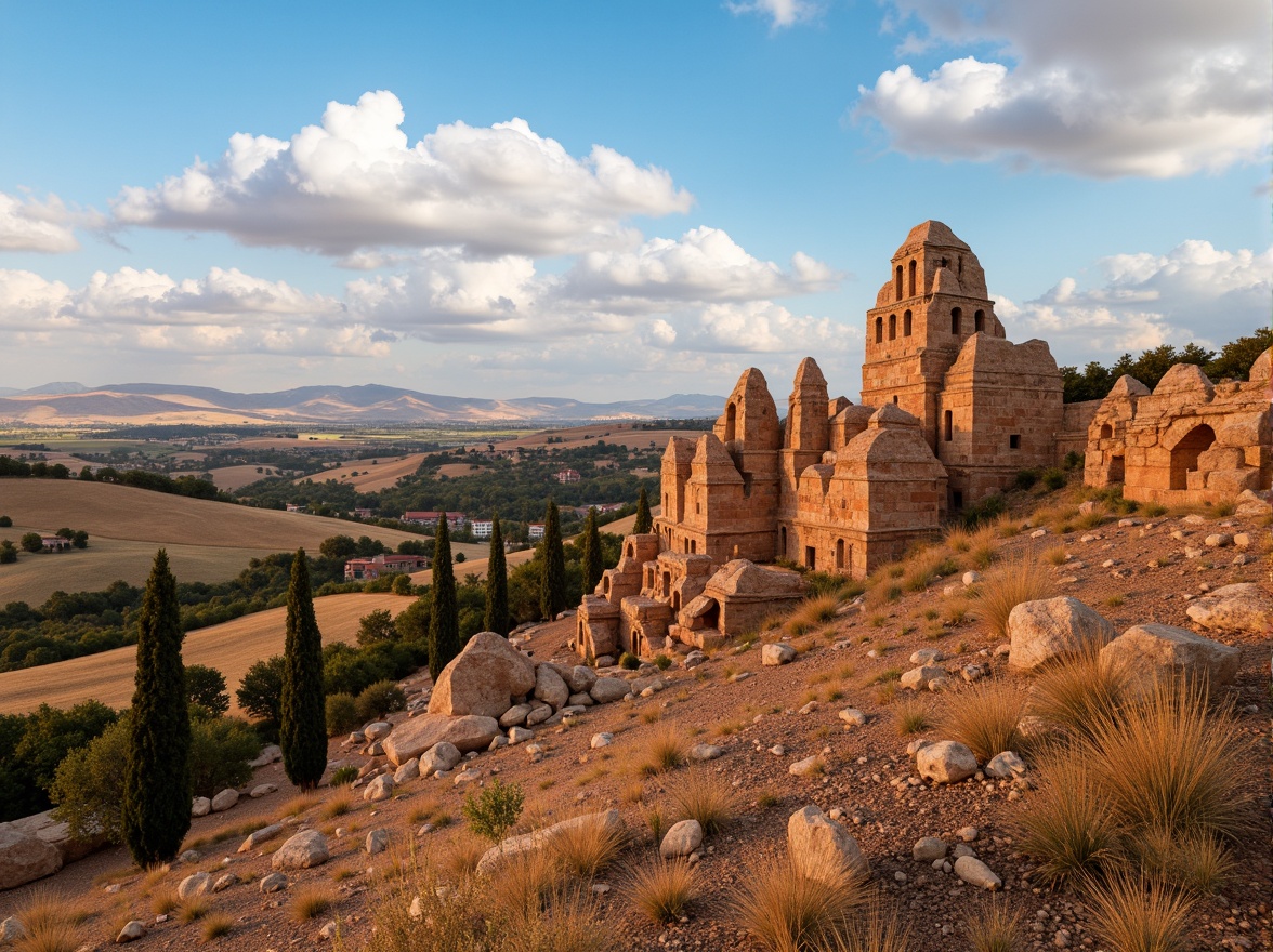 Prompt: Warm terracotta hues, earthy sienna tones, rustic stone textures, ancient monument structures, Tuscan landscape, rolling hills, cypress trees, blue sky with puffy clouds, soft warm lighting, shallow depth of field, 3/4 composition, panoramic view, realistic rock formations, ambient occlusion.