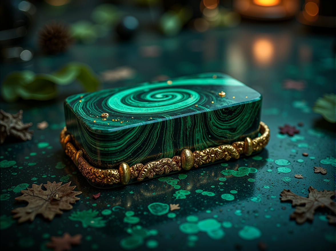 Prompt: Rich malachite gemstone, swirling patterns, deep blues, emerald greens, copper accents, earthy undertones, luxurious velvet textures, ornate gold details, mystical ambiance, dim warm lighting, shallow depth of field, 1/2 composition, realistic reflections, ambient occlusion.