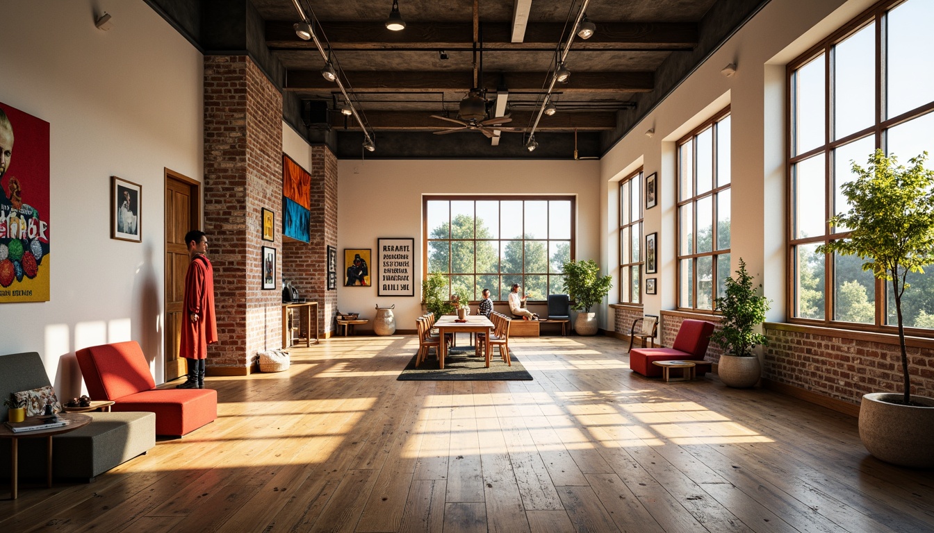 Prompt: Vibrant visual arts center, floor-to-ceiling windows, natural light pouring in, wooden floors, exposed brick walls, modern minimalist interior, eclectic art pieces, colorful textiles, abstract sculptures, creative workspaces, collaborative studios, inspirational quotes, artistic expressions, soft warm lighting, shallow depth of field, 1/1 composition, realistic textures, ambient occlusion.