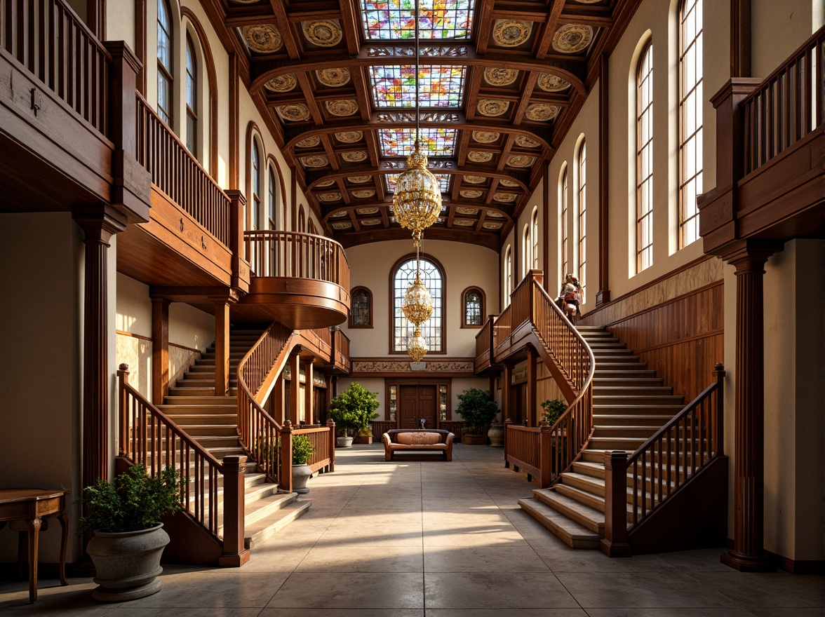 Prompt: Grand high school interior, Renaissance-style architecture, ornate wooden paneling, richly colored tapestries, grand chandeliers, sweeping staircases, marble floors, intricate moldings, decorative columns, arched windows, stained glass ceilings, warm golden lighting, soft focus, shallow depth of field, 1/2 composition, realistic textures, ambient occlusion.