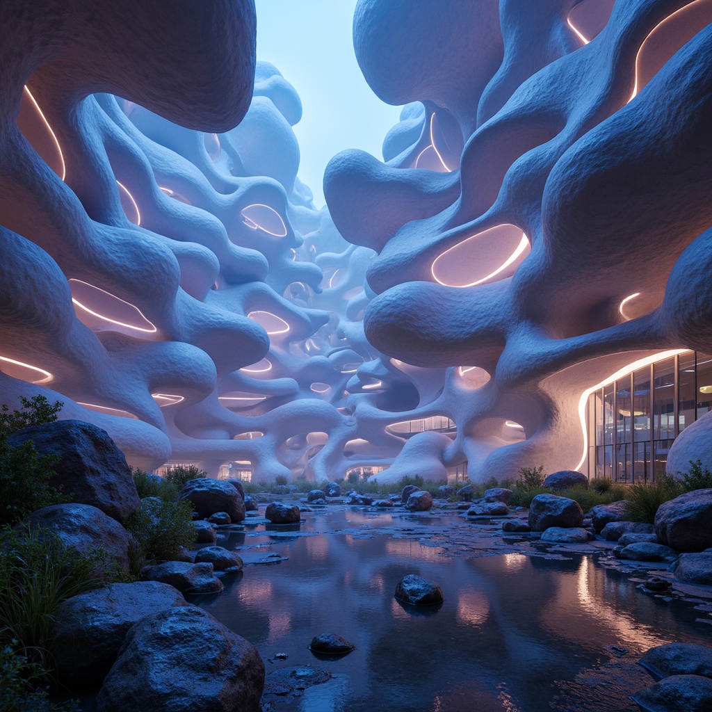 Prompt: Organic blob-like structures, futuristic architecture, iridescent colors, glowing accents, undulating curves, amoeba-inspired shapes, translucent materials, ethereal ambiance, soft pulsing lights, misty atmosphere, eerie soundscapes, 3D-printed components, parametric design, algorithmic patterns, fractal geometries, biomimetic forms, sustainable energy harvesting, self-healing materials, adaptive structures, responsive environments, immersive experiences, panoramic views, cinematic lighting, shallow depth of field.