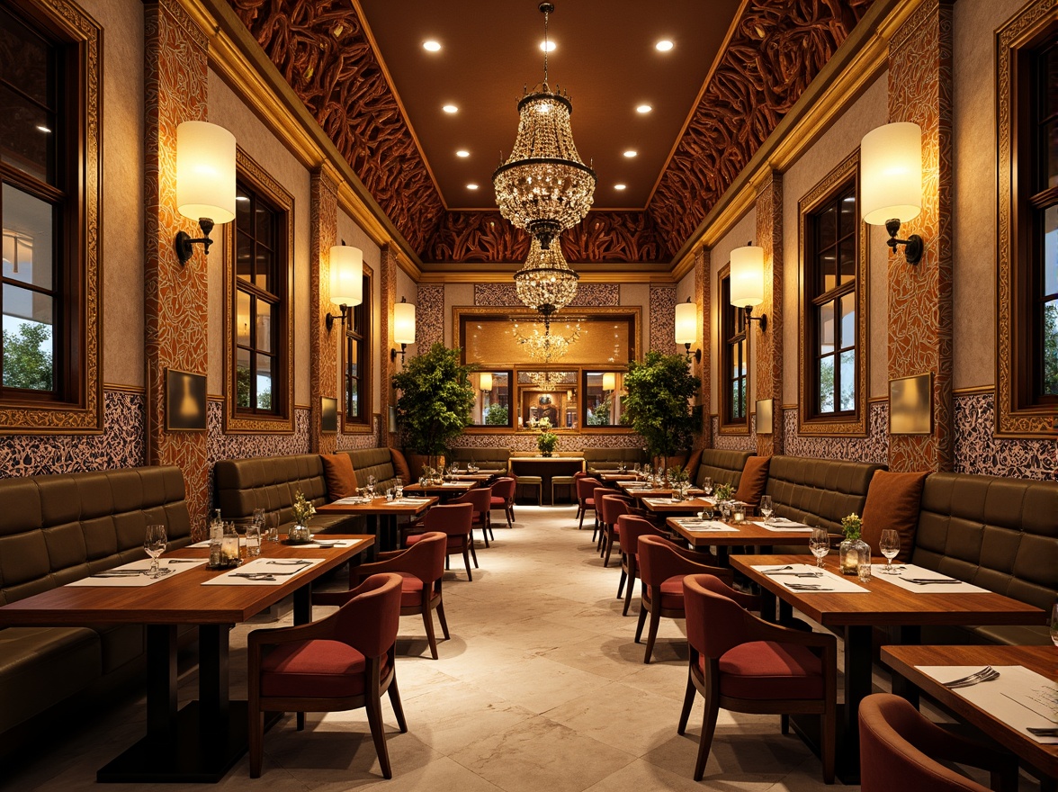 Prompt: Vibrant dining hall, ornate mosaic walls, intricate tile patterns, luxurious chandeliers, polished marble floors, elegant wooden tables, comfortable velvet chairs, ambient warm lighting, shallow depth of field, 1/1 composition, realistic textures, rich colors, Mediterranean-inspired decor, lavish furnishings, sophisticated atmosphere, fine dining experience.