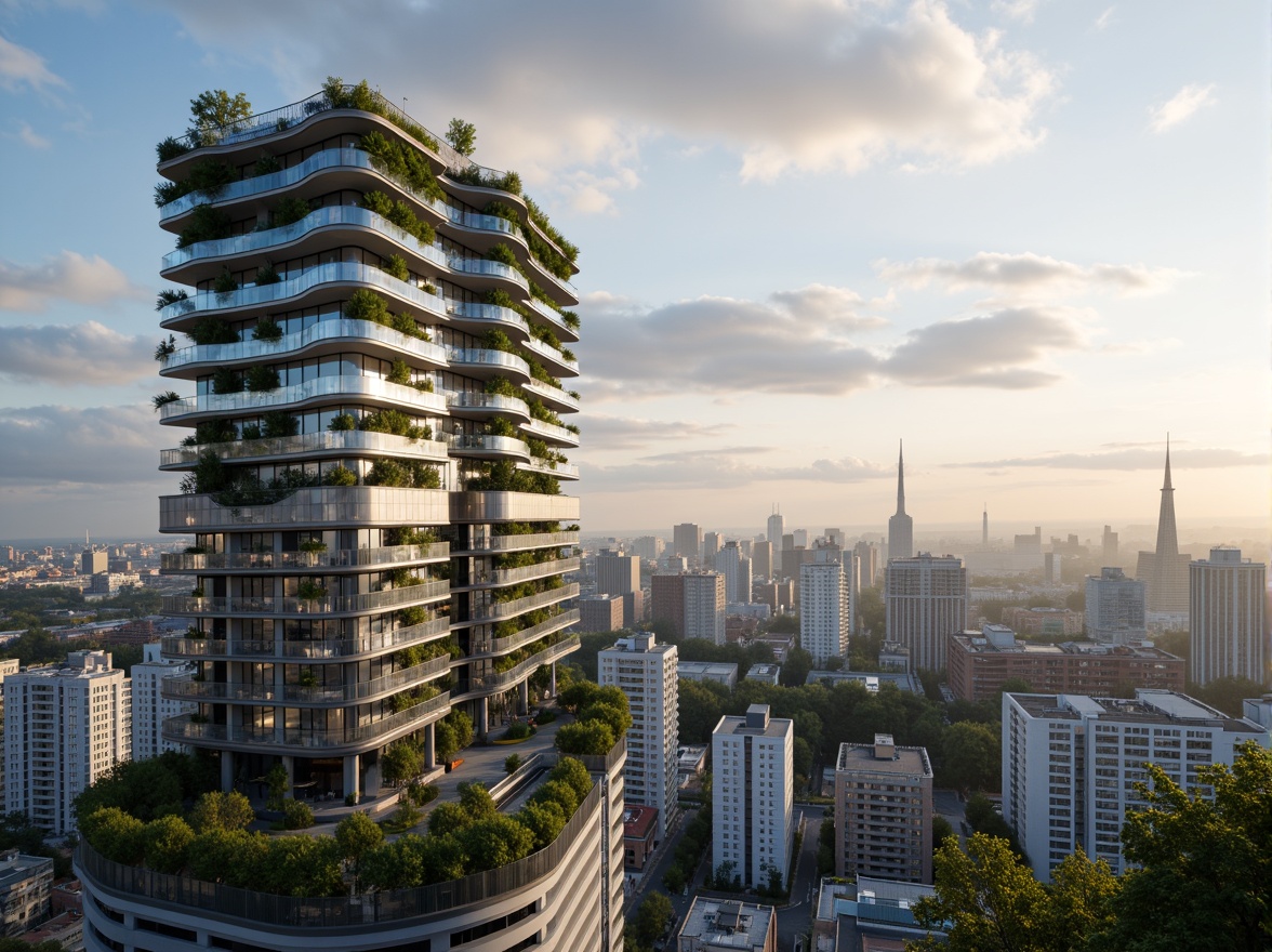 Prompt: Eco-friendly skyscraper, green roofs, solar panels, wind turbines, rainwater harvesting systems, grey water reuse, high-performance glazing, natural ventilation, double-glazed windows, low-E glass, LED lighting, occupancy sensors, energy-efficient elevators, recyclable materials, minimized waste, maximized daylight, optimized floor plates, cantilevered structures, aerodynamic shapes, urban wind farms, vertical gardens, living walls, bio-inspired facades, futuristic architecture, sleek metallic surfaces, angular lines, minimalist design, panoramic city views, dramatic cloud formations, soft warm lighting, shallow depth of field, 3/4 composition.