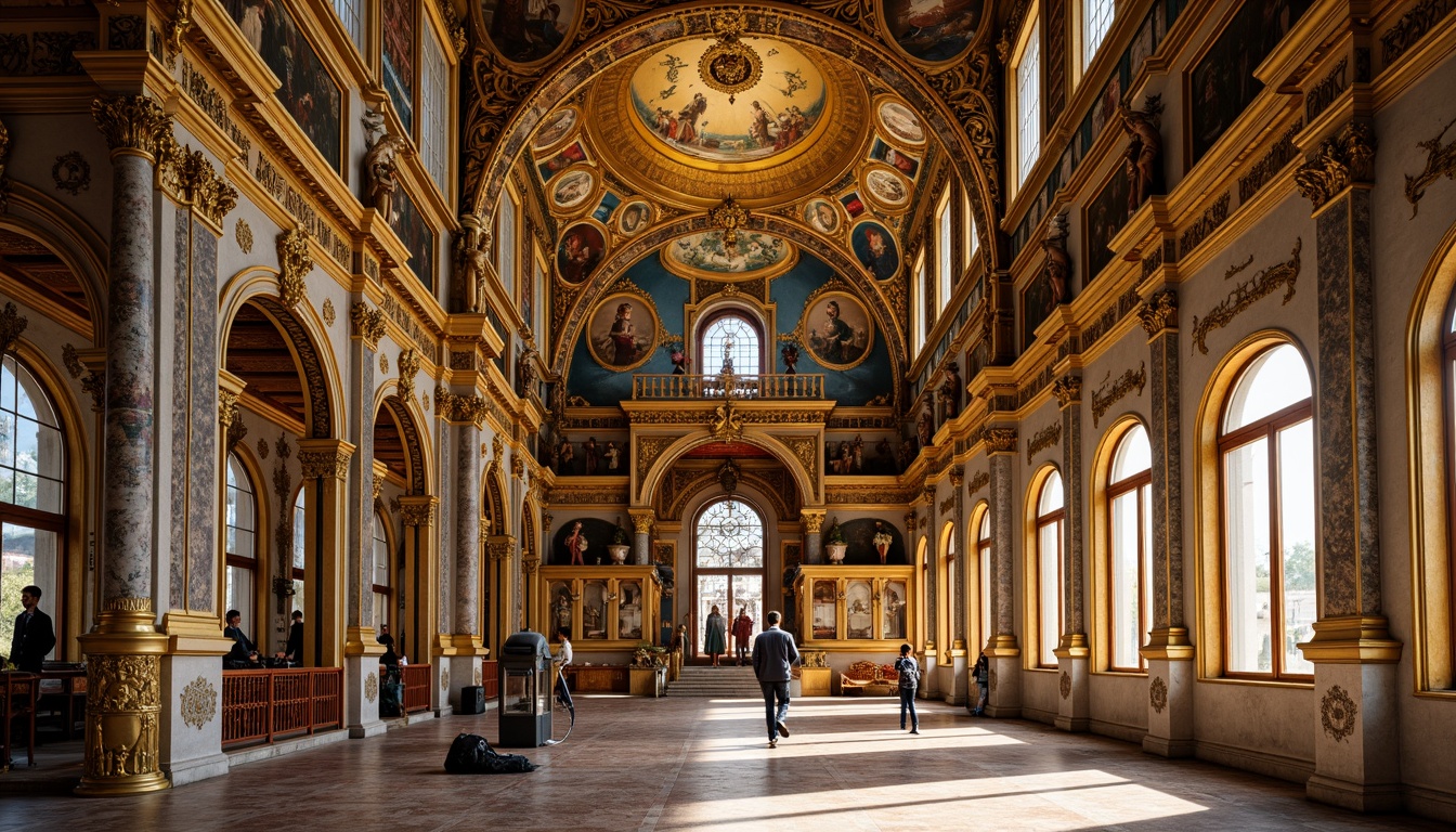 Prompt: Intricate mosaics, golden domes, ornate archways, lavish frescoes, richly patterned textiles, grandiose columns, marble floors, ornamental capitals, Byzantine crosses, intricate stone carvings, vibrant apse murals, elaborate iconostases, gilded accents, luxurious drapery, majestic vaulted ceilings, warm golden lighting, shallow depth of field, 1/2 composition, realistic textures, ambient occlusion.