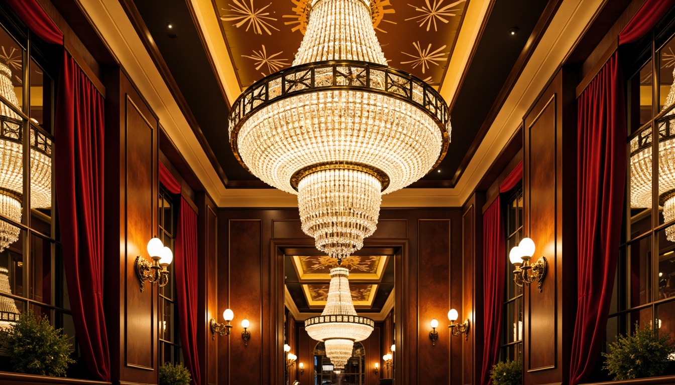 Prompt: Opulent chandeliers, crystal droplets, polished chrome accents, geometric metalwork, luxurious velvet drapes, rich wood paneling, ornate mirrors, lavish sconces, intricate glass inlays, metallic leaf patterns, sunburst motifs, bold color schemes, dramatic ceiling fixtures, layered lighting effects, warm golden glow, soft diffused illumination, 1/1 composition, symmetrical framing, high-contrast rendering.