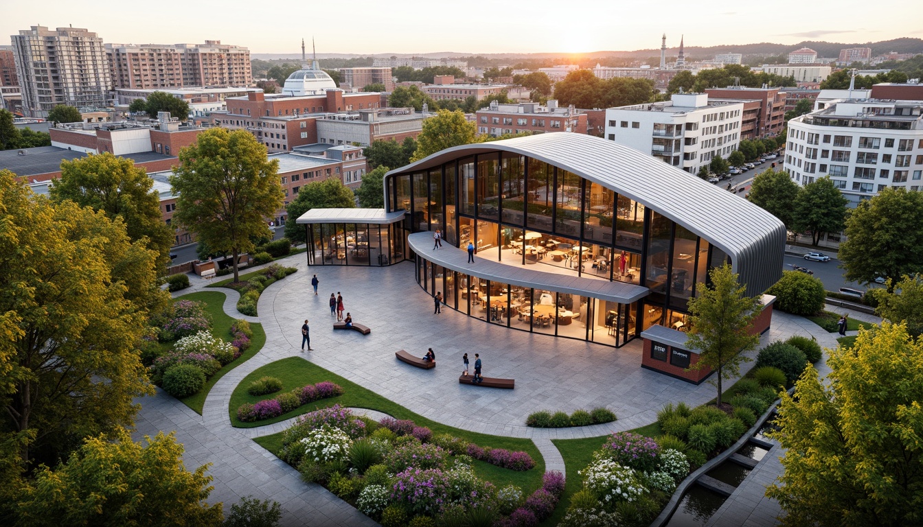 Prompt: Vibrant performing arts center, curved modern architecture, glass fa\u00e7ade, cantilevered rooflines, outdoor amphitheater, lush greenery, blooming flowers, natural stone walkways, meandering paths, scenic overlooks, tranquil water features, soft warm lighting, shallow depth of field, 3/4 composition, panoramic view, realistic textures, ambient occlusion, urban cityscape, bustling streets, eclectic neighborhood, artistic murals, street performers, lively atmosphere.