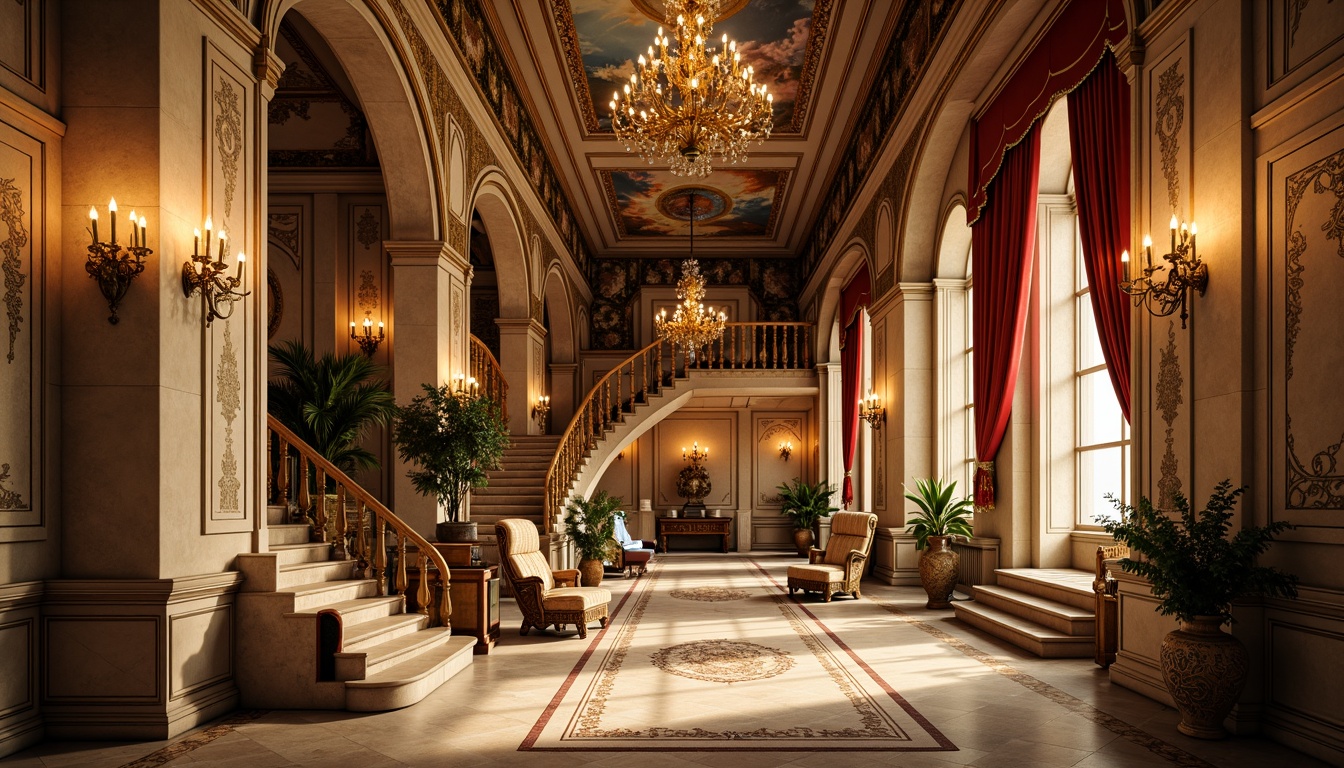 Prompt: Ornate Baroque palace, rich gold accents, warm beige stone walls, grandiose staircases, intricate marble patterns, lavish furnishings, opulent chandeliers, dramatic archways, ornamental frescoes, vibrant jewel-toned tapestries, luxurious velvet drapes, soft warm candlelight, shallow depth of field, 1/1 composition, realistic textures, ambient occlusion.